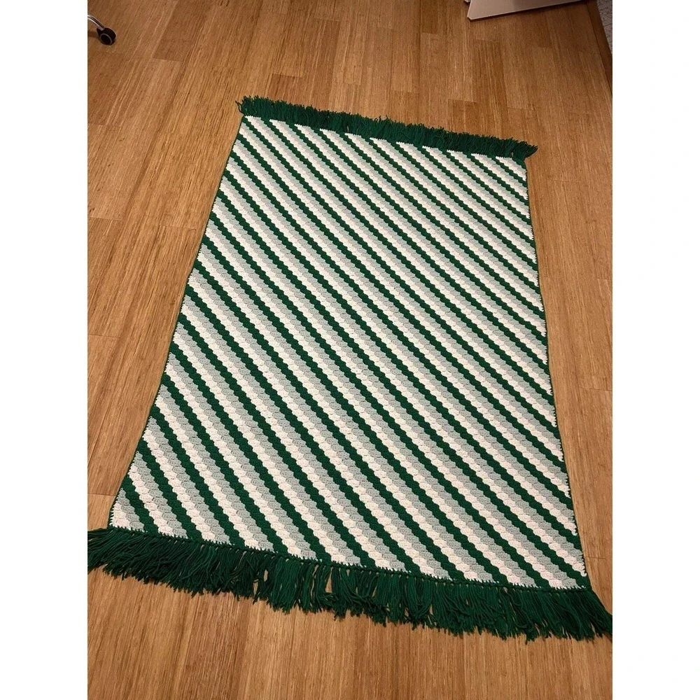 Vtg Crocheted Green White Afghan Throw‎ fringe 72x45 Retro Cottagecore Boho folk